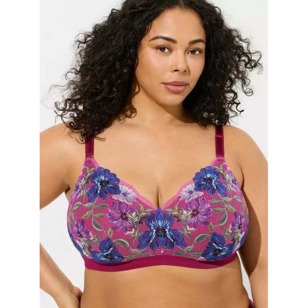 Torrid Magenta Floral Embroidered Wireless Bra 42D Purple Blue Lace Overlay